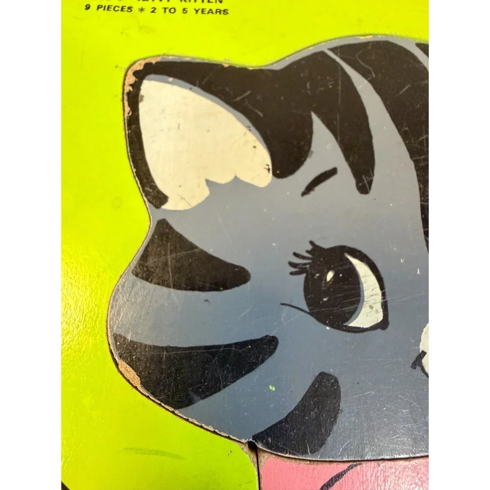 Vintage Playskool Wooden Puzzle 165-6 Kitty Kitten Cat with Ball 9 Pieces Tray